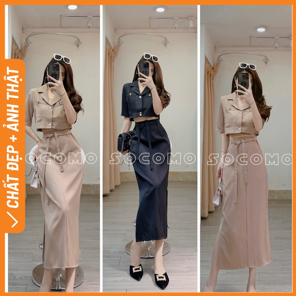 Set bộ áo kaki lửng túi hộp kèm chân váy bút chì Socomo B562023 - Hàng loại 1, chất đẹp - Giá tốt