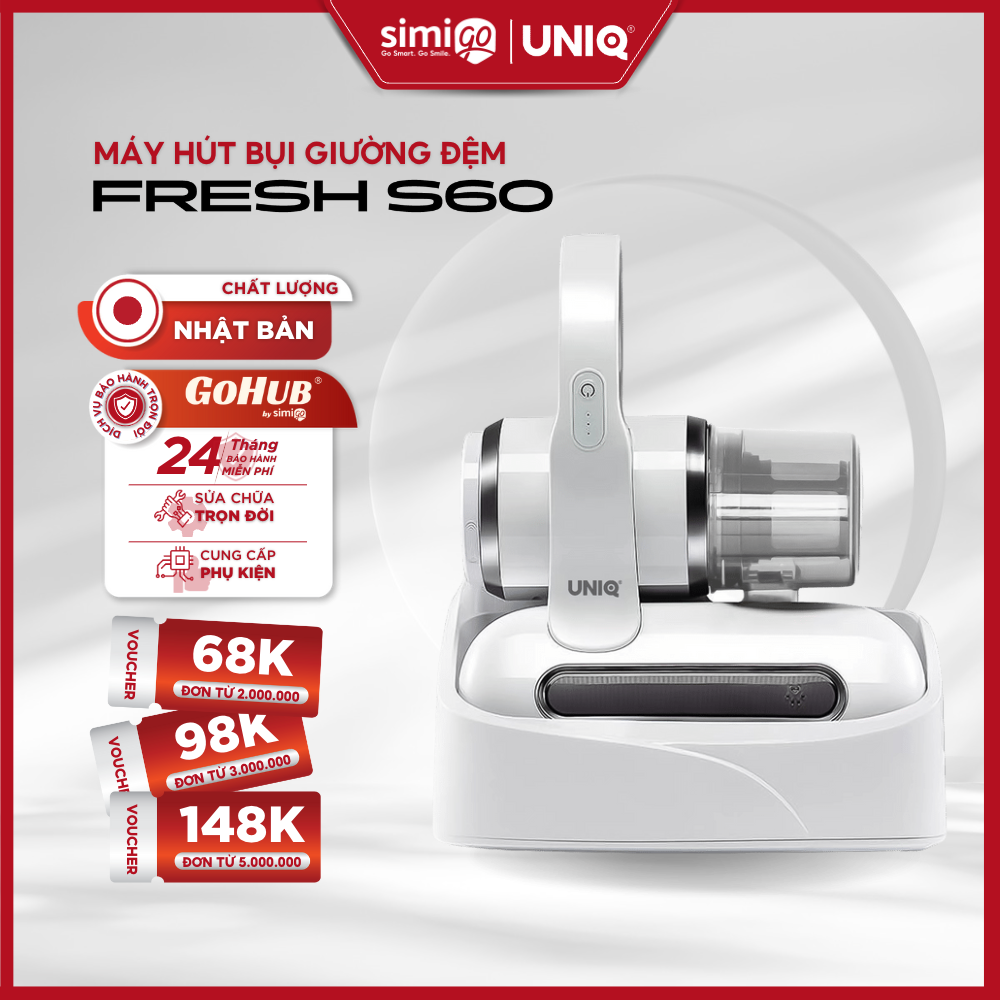 Máy hút bụi giường nệm đệm UNIQ Fresh S60 không dây cầm tay cao cấp đế sạc tự động đèn UV diệt sạch vi khuẩn ga gối lông