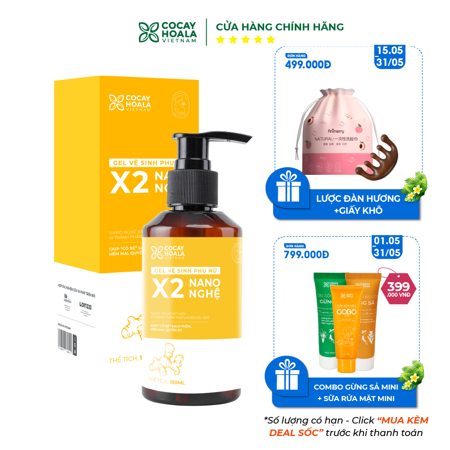Dung dịch vệ sinh phụ nữ Gel X2 Nano Nghệ COCAYHOALA VIETNAM - Giảm Ngứa Hồng se khit - Dung tích 150 ml