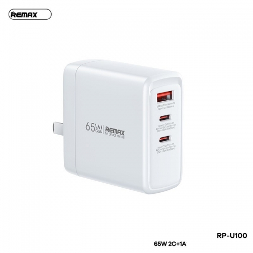 Cốc sạc nhanh Remax RP-U100 1 cổng USB 2 cổng Type C Max 65W công nghệ GaN