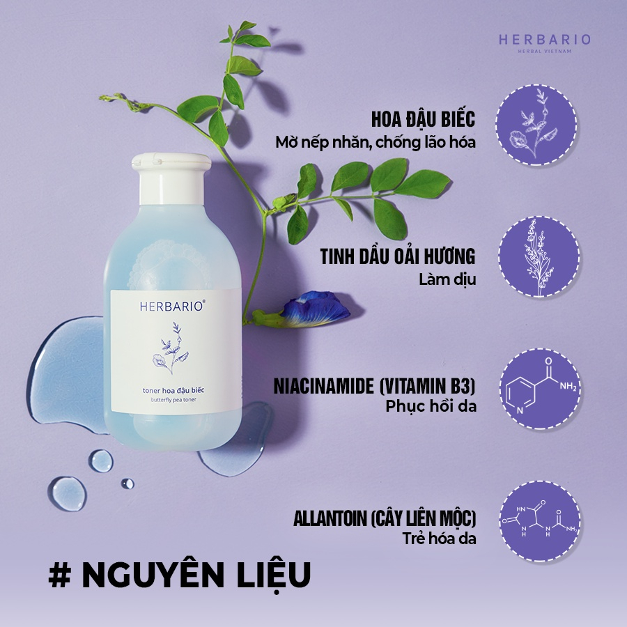 [Hàng tặng không bán] Toner nước cân bằng da Hoa Đậu Biếc herbario 200ml thuần chay cấp ẩm, chống lão hóa