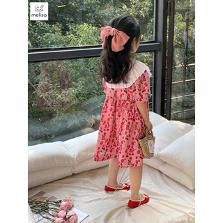Váy đầm cổ trắng dập ly hoa đỏ