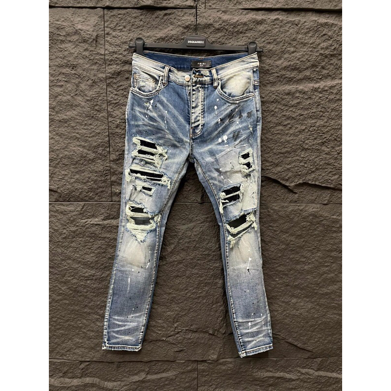 ⚡️[Hight Quality] Hàng Có Sẵn Quần Jeans Amiri Xanh Nhạt Wash Rách Đính Đá Lấp Lánh Vảy Sơn-Form Slimfit -Hàng Loại 1