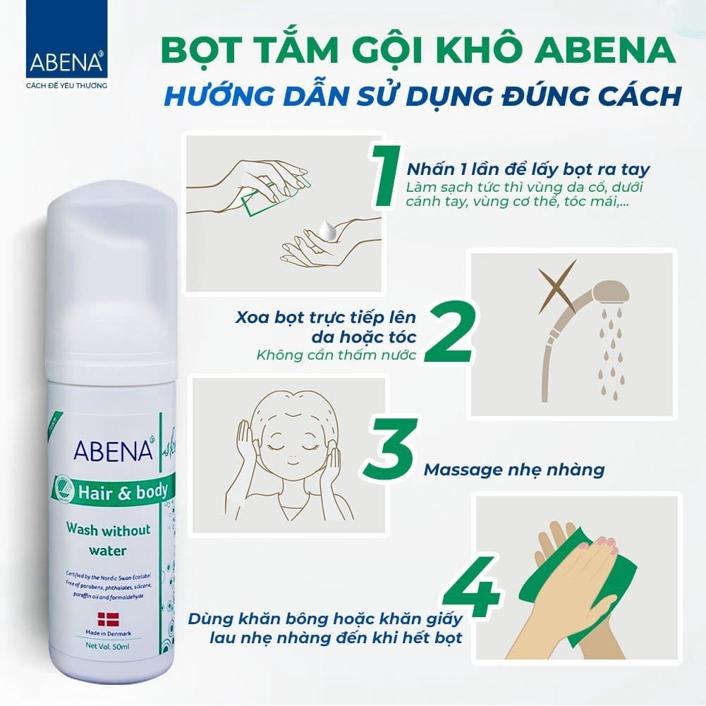 Dầu gội tăm khô sạch nhanh, kháng khuẩn ABENA bán chạy số 1 Đan Mạch