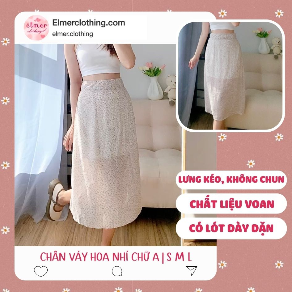 Chân váy hoa nhí màu trắng hồng công sở xinh xắn Chiro thương hiệu Elmer