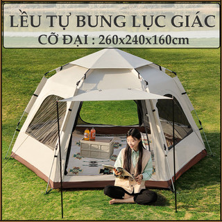 [TẶNG 2 THẢM] Lều liều cắm trại tự bung lục giác, lều du lịch dã ngoại CỠ ĐẠI : 260x240x160cm từ 5-8 người sử dụng