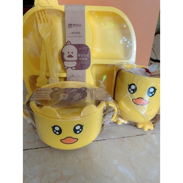 ❣️FREESHIP❣️ Bộ Bát Ăn 5 Món Khay, Bát, Cốc, Thìa, Dĩa Vịt Vàng Kute Cho Bé.