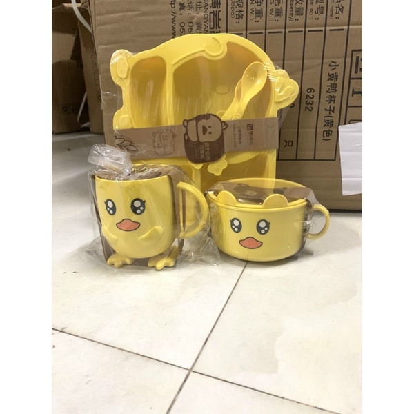 ❣️FREESHIP❣️ Bộ Bát Ăn 5 Món Khay, Bát, Cốc, Thìa, Dĩa Vịt Vàng Kute Cho Bé.