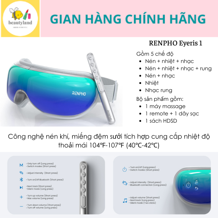 Máy massage mắt thông minh thế hệ mới Renpho kèm nhạc, nhiệt, kết nối Bluetooth