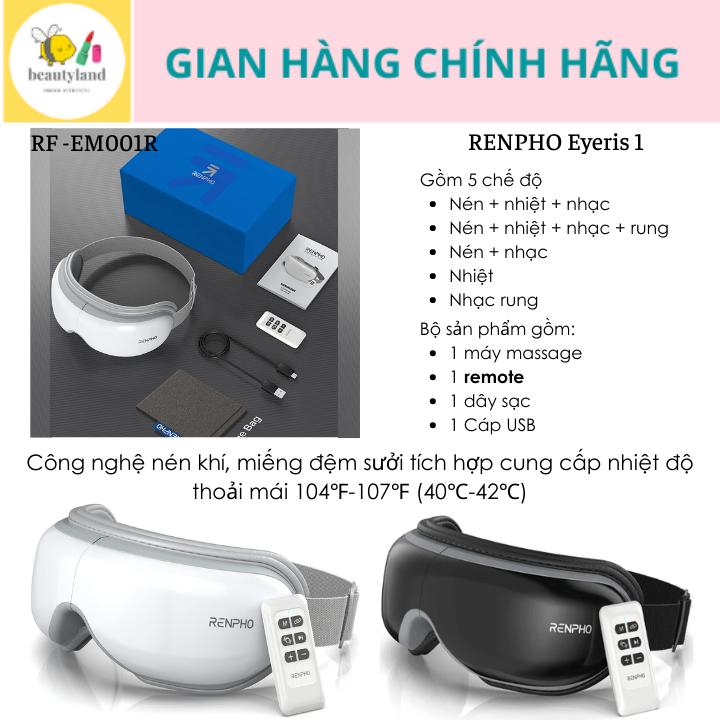 Máy massage mắt thông minh thế hệ mới Renpho kèm nhạc, nhiệt, kết nối Bluetooth