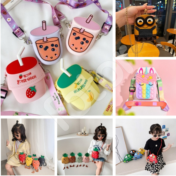 TÚI ĐEO CHÉO MINI HÀN QUỐC HÌNH HỘP, POP IT, Ô TÔ, LY TRÀ SỮA, MINION, CÀ RỐT, TRÁI THƠM CHO BÉ [HCM]