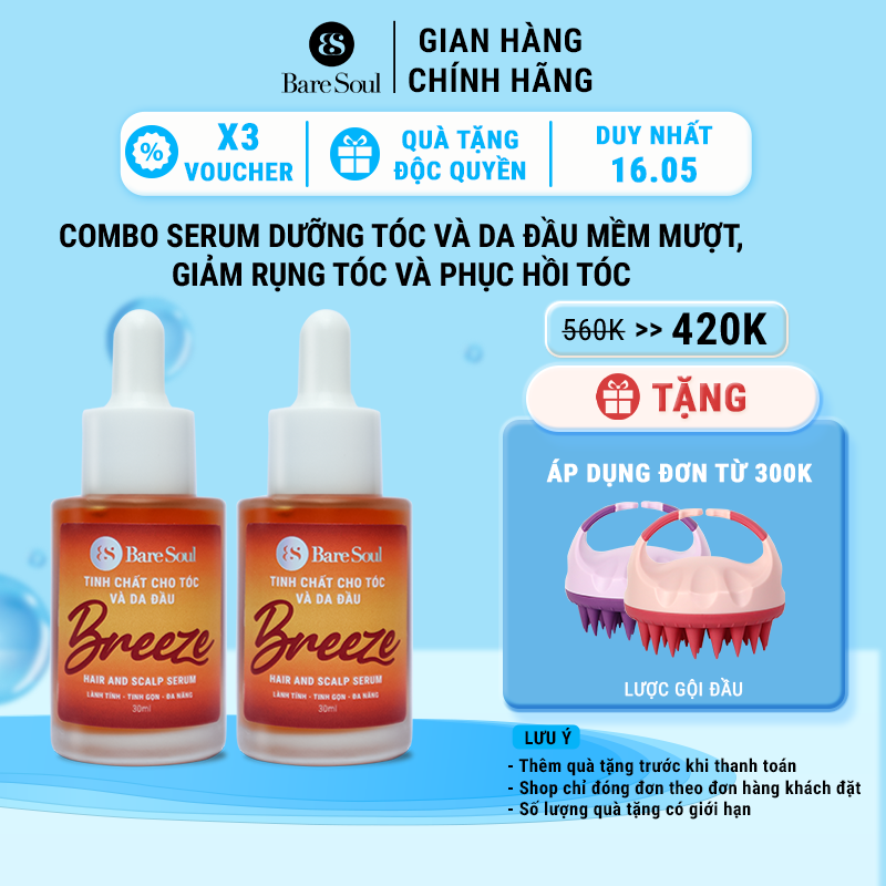 Combo 2 Serum Dưỡng Da Đầu và Tóc Mềm Mượt, Giảm Rụng Tóc, Phục Hồi Tóc BareSoul BREEZE Hair & Scalp Serum 30mlx2