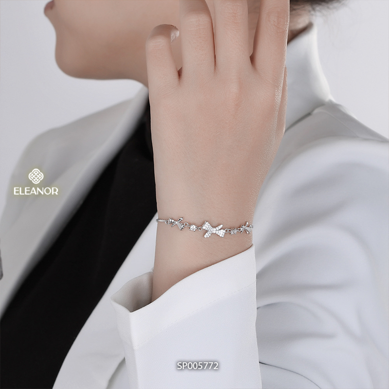 Vòng tay nữ bạc 925 dây rút Eleanor Accessories mặt hình nơ đính đá phụ kiện trang sức 5772
