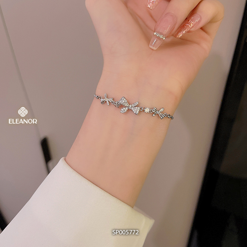 Vòng tay nữ bạc 925 dây rút Eleanor Accessories mặt hình nơ đính đá phụ kiện trang sức 5772