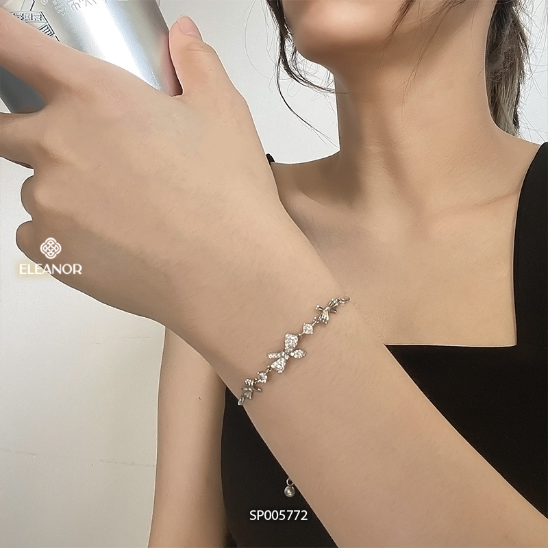 Vòng tay nữ bạc 925 dây rút Eleanor Accessories mặt hình nơ đính đá phụ kiện trang sức 5772
