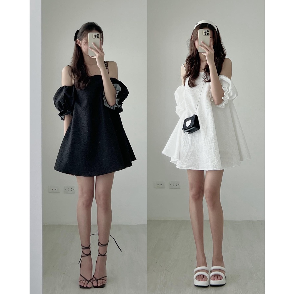 Đầm babydoll trễ vai, váy hai dây tháo rời tay hoa nổi 2 lớp - X23