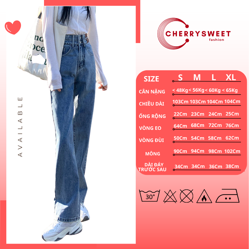 Quần jean nữ ống rộng cạp cao 2 cúc CHERRYSWEET dáng xuông trơn đứng, chất bò xịn cao cấp thời trang Hàn Quốc T070