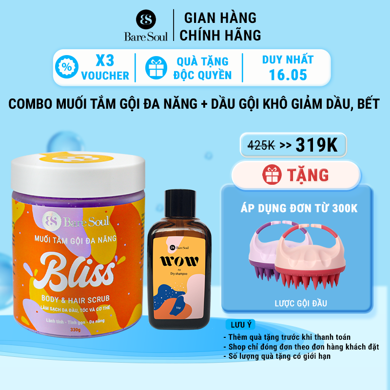 Combo Muối tẩy tế bào chết da đầu, tóc và cơ thể BareSoul BLISS Body & Hair Scrub 330g + Dầu gội khô Dry Shampoo WOW 50g