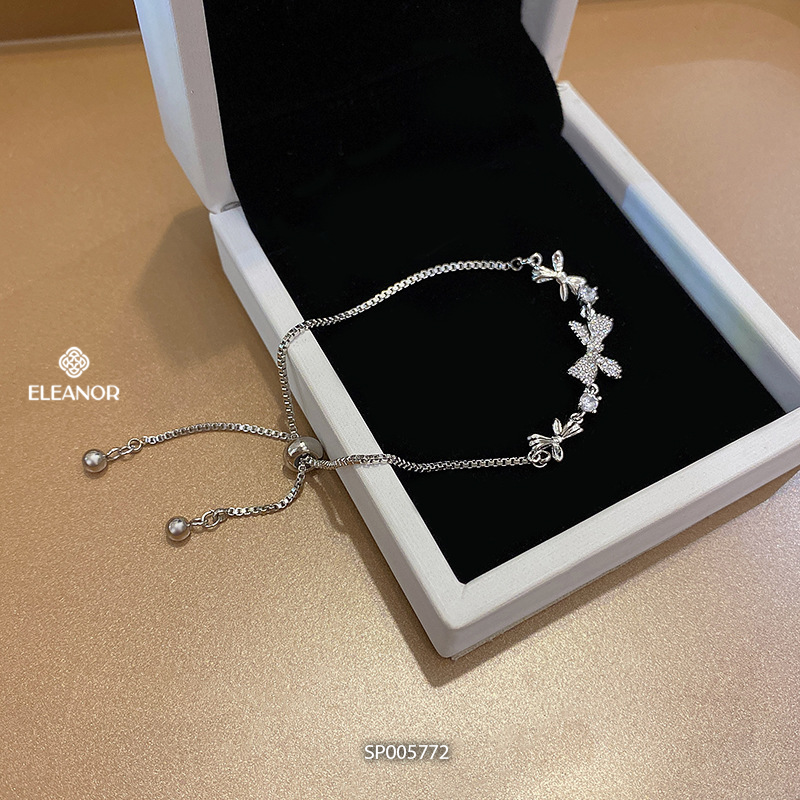 Vòng tay nữ bạc 925 dây rút Eleanor Accessories mặt hình nơ đính đá phụ kiện trang sức 5772