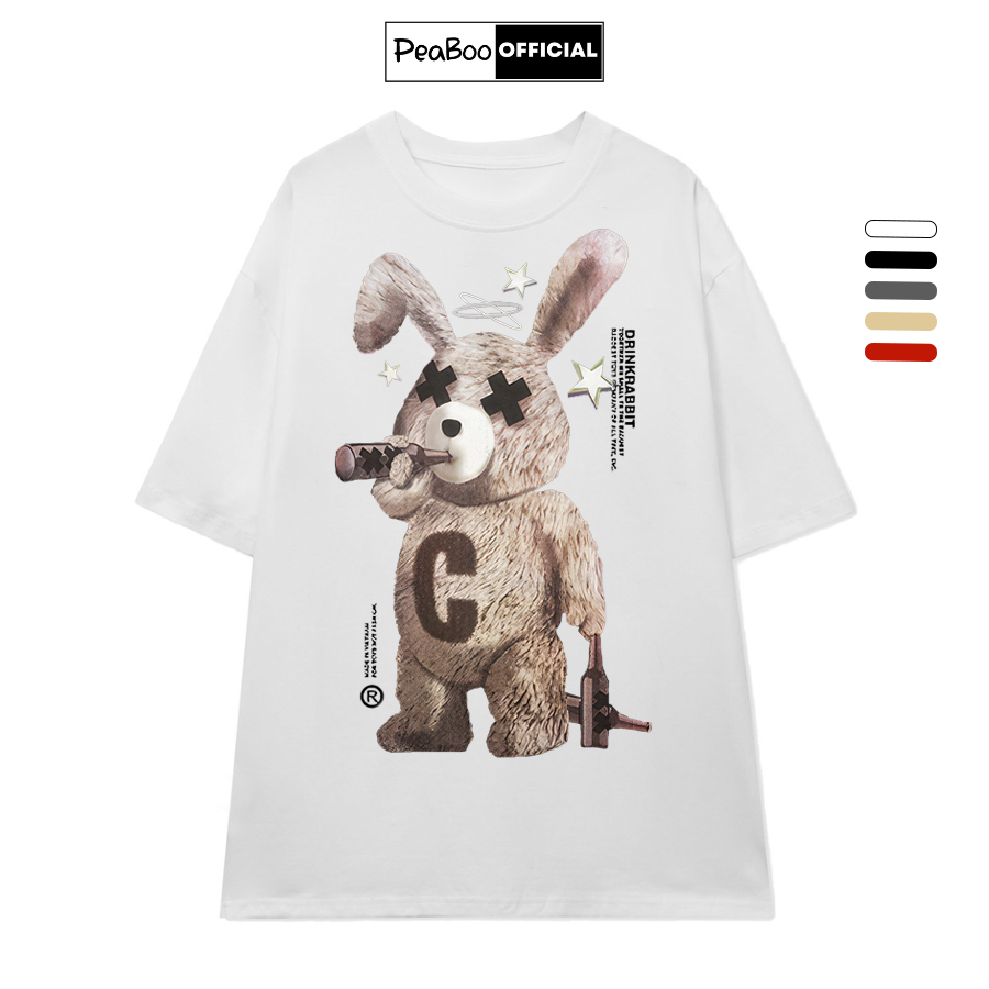 Áo Thun Unisex PEABOO mã TN Thỏ Tai Dài Chữ C Chất Cotton Form Rộng Tay Lỡ Cho Nam Nữ