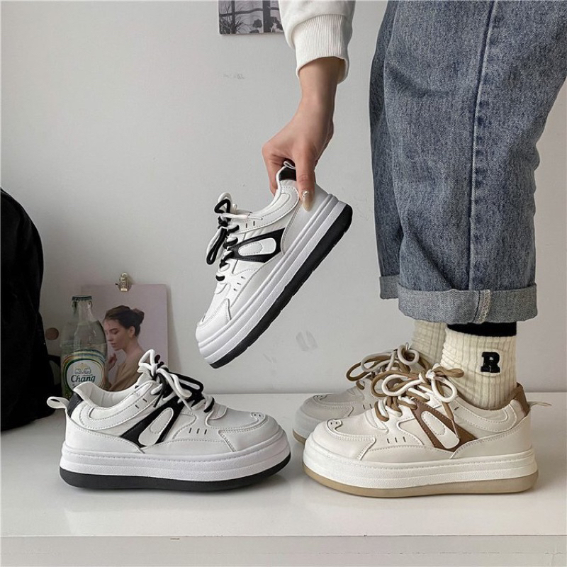 Giày thể thao nữ đế bằng chất da mềm xinh xắn, Giày Sneaker nữ thấp cổ mũi tròn buộc dây mẫu mới