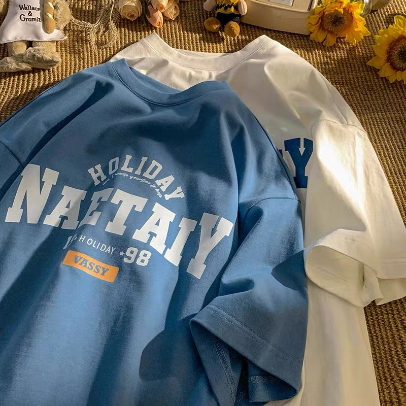 Áo phông tay lỡ chất Cotton 100% co giãn HOLIDAY NAETAIY form rộng mềm mịn mát Áo thun form rộng in chữ
