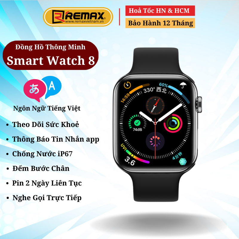 Đồng Hồ Thông Minh Nghe Gọi Trực Tiếp, Theo Dõi Sức Khoẻ, Chống Nước IP67- Remax Việt Nam Smart Watch 8 - BH 12 Tháng