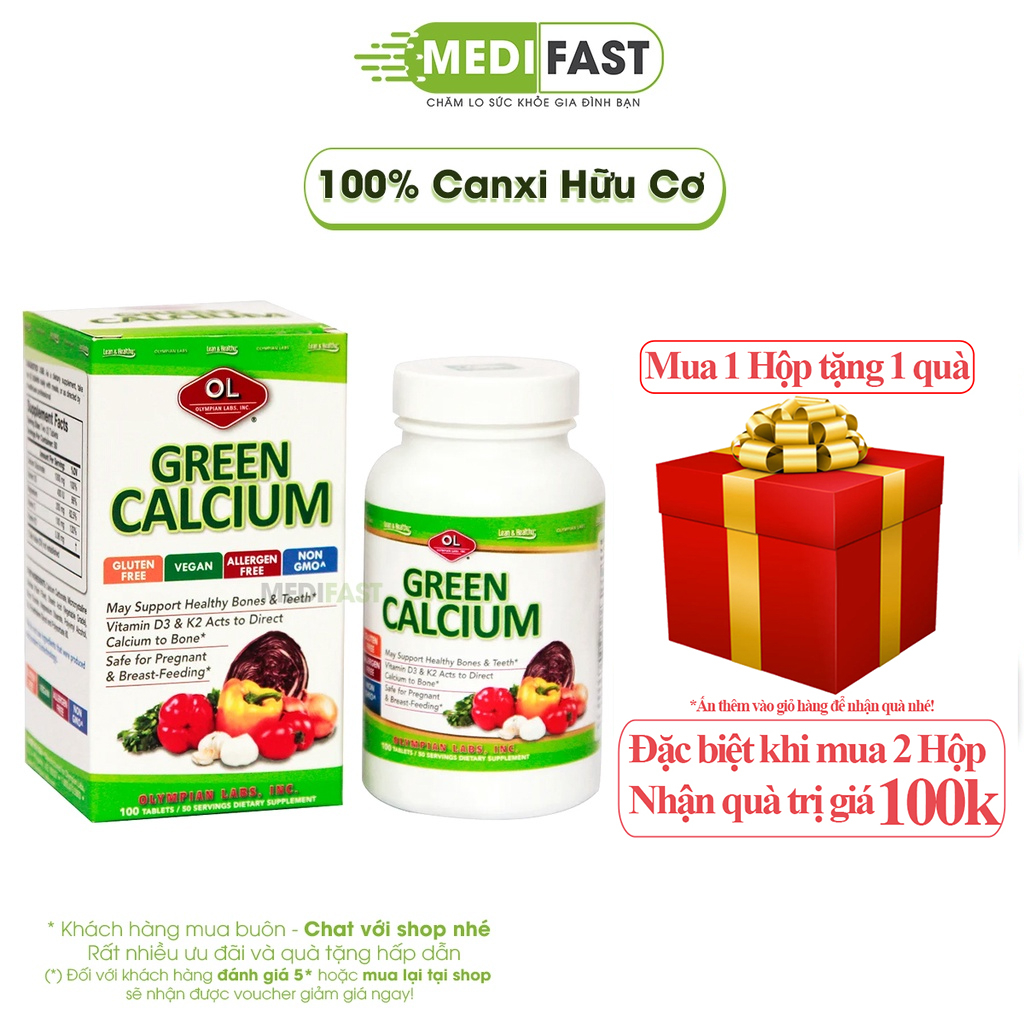 Green Calcium Bổ sung Canxi hữu cơ Nhập khẩu từ Olympian Labs Mỹ Lọ 100 viên có Vitamin D3, K2 cho mẹ bầu, sau sinh