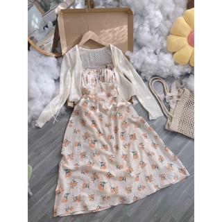 Váy đầm nữ 2 dây dự tiệc dáng xòe hoa nhí nhún trước ngực kèm khoác cardigan,đầm maxi