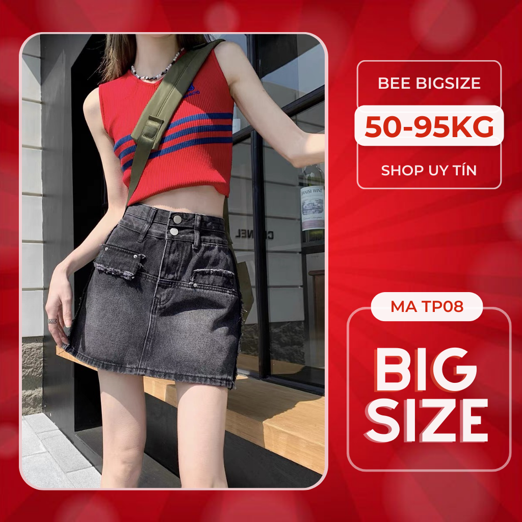 (Big size) Chân váy jean bigsize nữ dáng ngắn chữ A nắp túi giả, cạp cao hack dáng, hàng QCCC - Mã CVTP08