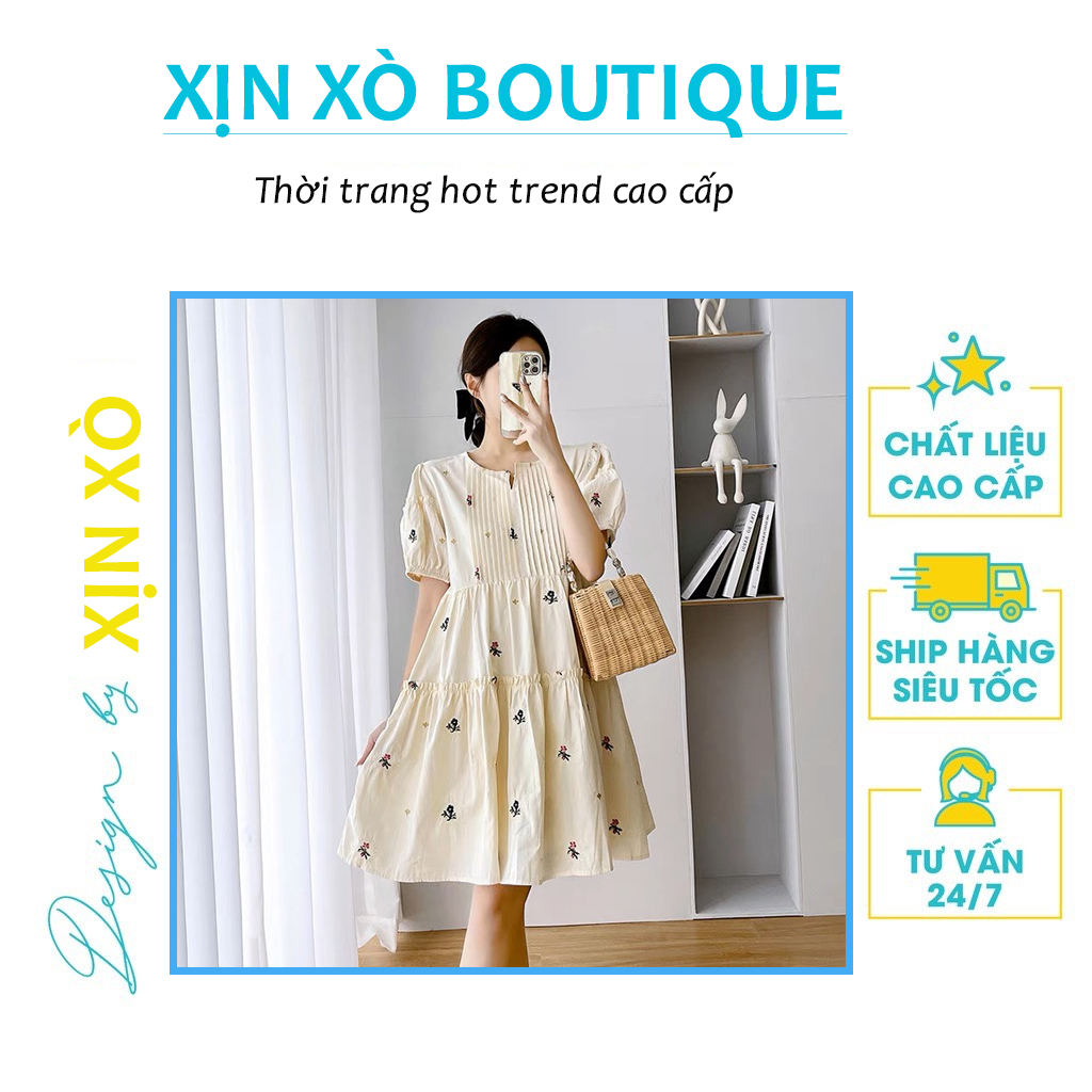 Váy BabyDoll Thuê Hoa Ngắn Tay Dáng Xòe 2 Lớp Mẫu Mới Xuân Hè XinXo Boutique