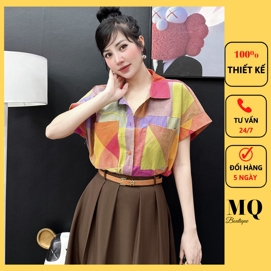 Áo sơ mi nữ cộc tay cao cấp công sở họa tiết hoa lá chữ to ghi xanh tím, áo sơ mi thiết kế MQ Boutique