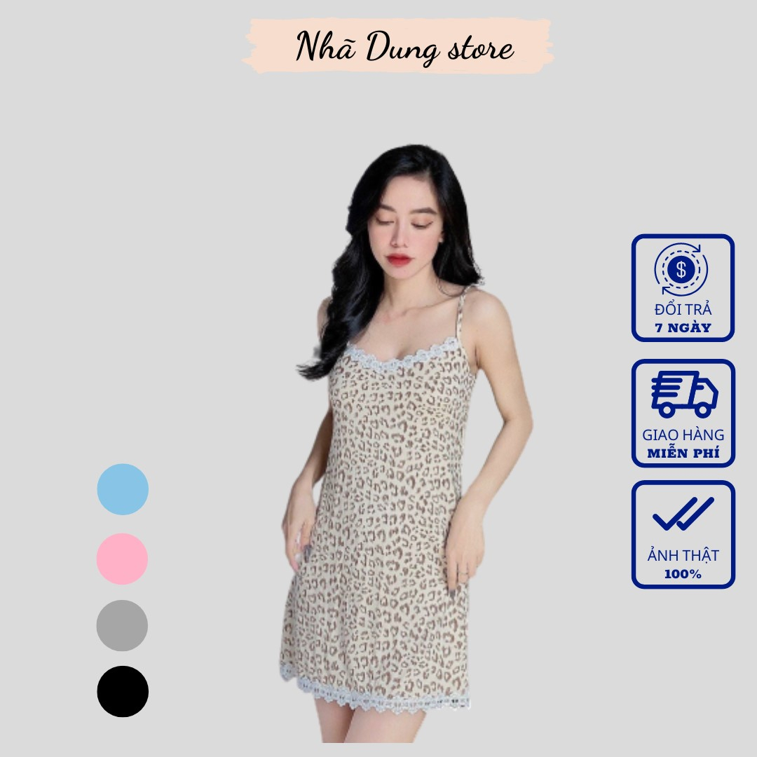 Váy Mặc Nhà Váy Ngủ Hai Dây Họa Tiết Da Beo Kèm Ren Siêu Gợi Cảm Dưới 65kg