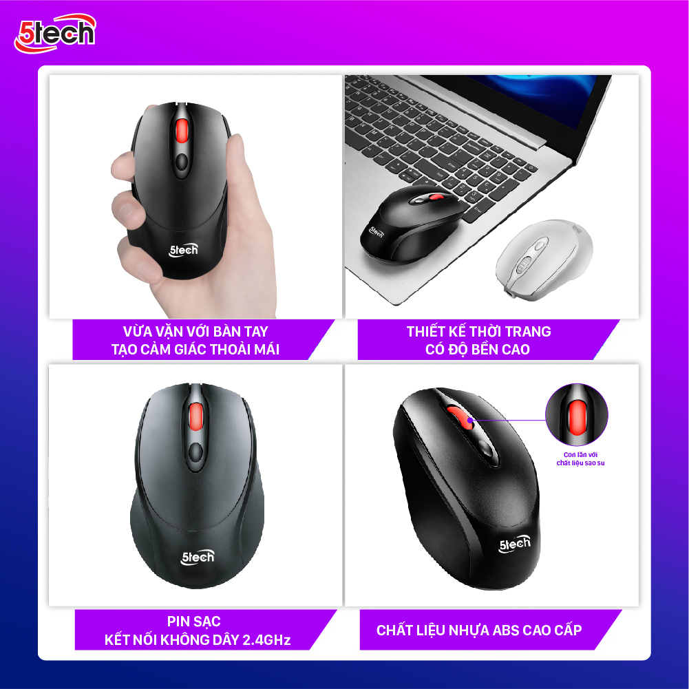 Chuột không dây 5TECH chính hãng, chuột máy tính gaming pin sạc wireless 2.4Ghz siêu nhạy dành cho máy tính, laptop