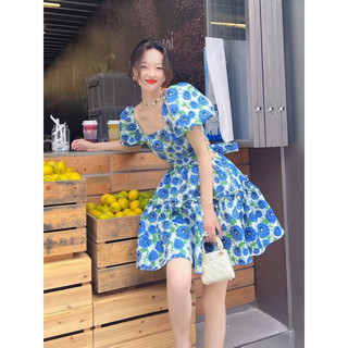 Đầm Ngắn Trễ Vai Tay Phồng Cut Eo Họa Tiết Hoa Màu Xanh Dương Thời Trang Mùa Hè Mới Cho Nữ