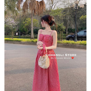 Đầm caro 2 dây kèm băng đô cài tóc y hình