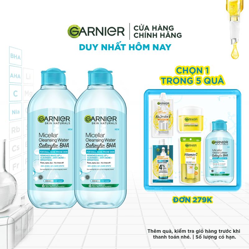 Bộ đôi Nước tẩy trang Garnier Cho Da Dầu Mụn Salicylic BHA Micellar 400mlx2 (mới)