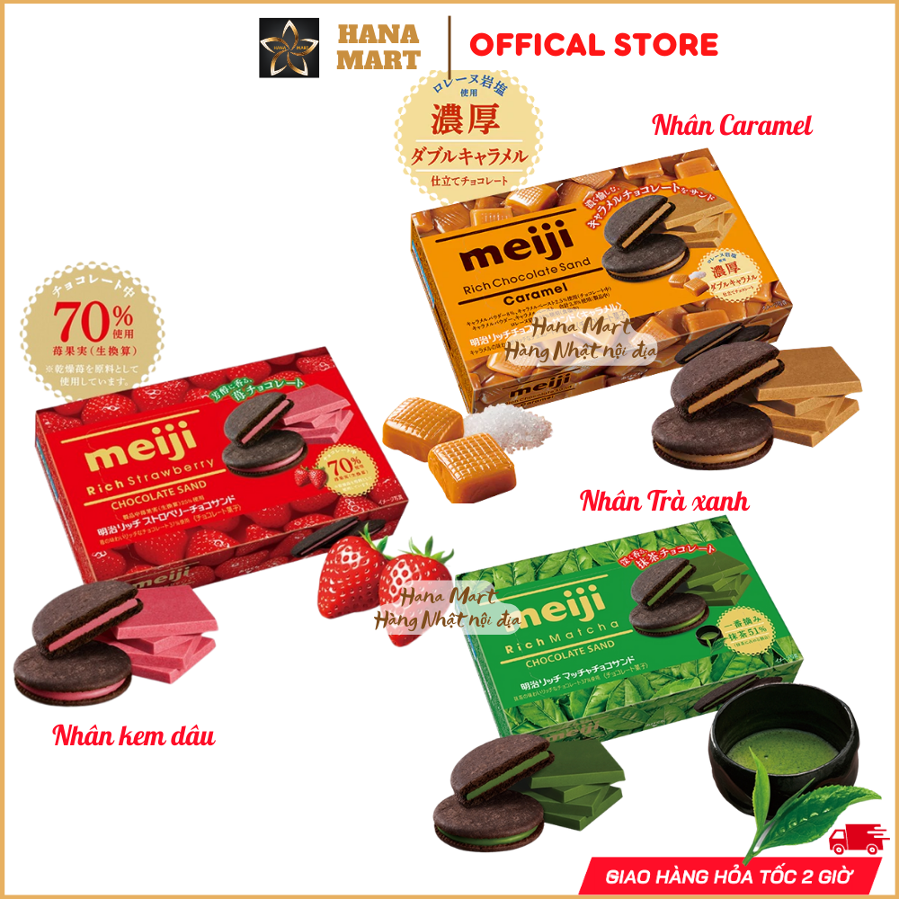 Bánh quy socola Meiji Rich nhân Caramel và nhân kem dâu, kem trà xanh 32g nội địa Nhật Bản