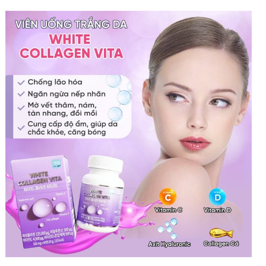 Viên uống hỗ trợ trắng da cấp nước White collagen Vita Hàn Quốc,Hộp 60 viên