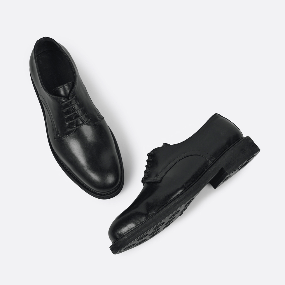 Giày Derby Nam TARMOR Da Thật Màu Đen Mũi Tròn Derby Shoes In Black Leather