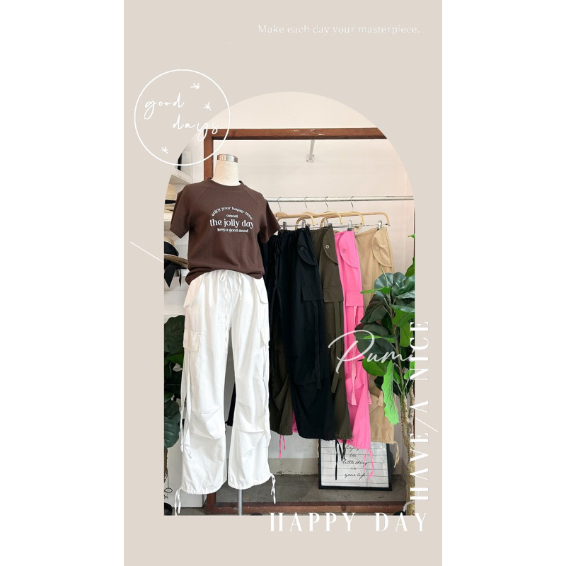 Quần suông túi hộp kaki lưng rút dây túi nắp tròn 2 bên ống rút dây phối dây ngay túi 5 màu freesize Pumi 14447