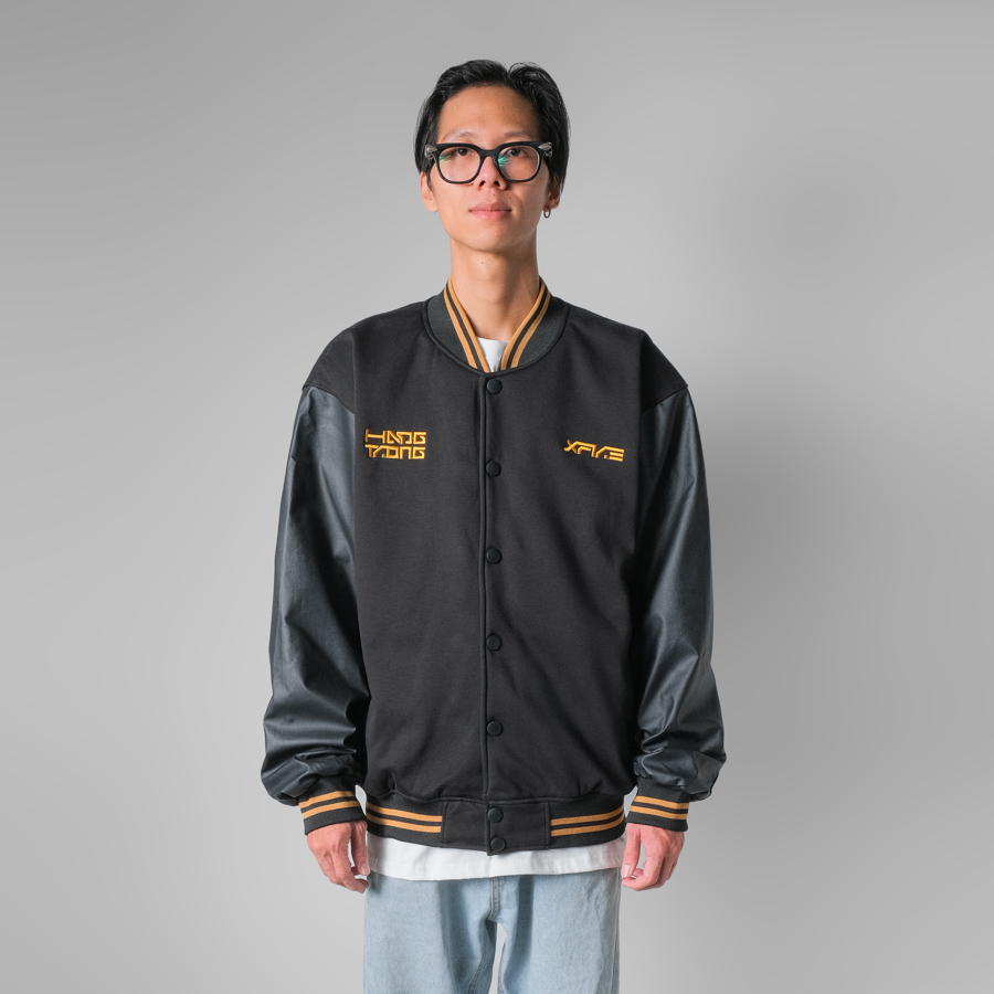 Áo Khoác Bóng Chày Thêu Ngũ Hổ Bomber Varsity Jacket Chất Nỉ Cao Cấp Nam Nữ Form Rộng Hai Lớp Màu Đen Tay Da Thương Hiệu