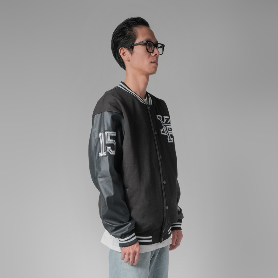 Áo Khoác Đen Bóng Chày Thêu Nam Nữ Bóng Chày Bomber Tay Da Varsity Jacket Form Rộng 2 Lớp Màu Đen By Local Brand Xfire