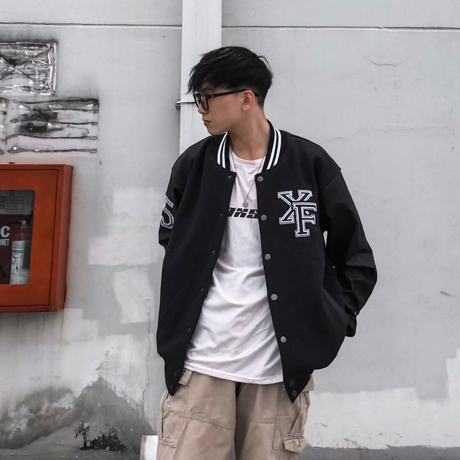 Áo Khoác Đen Bóng Chày Thêu Nam Nữ Bóng Chày Bomber Tay Da Varsity Jacket Form Rộng 2 Lớp Màu Đen By Local Brand Xfire