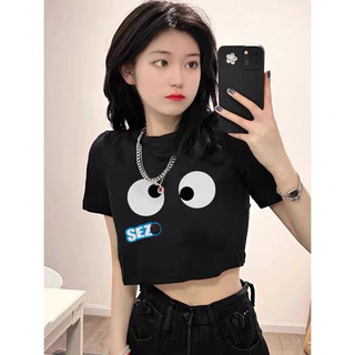 Áo kiểu thun cotton cổ tròn tay ngắn in hình đôi mắt