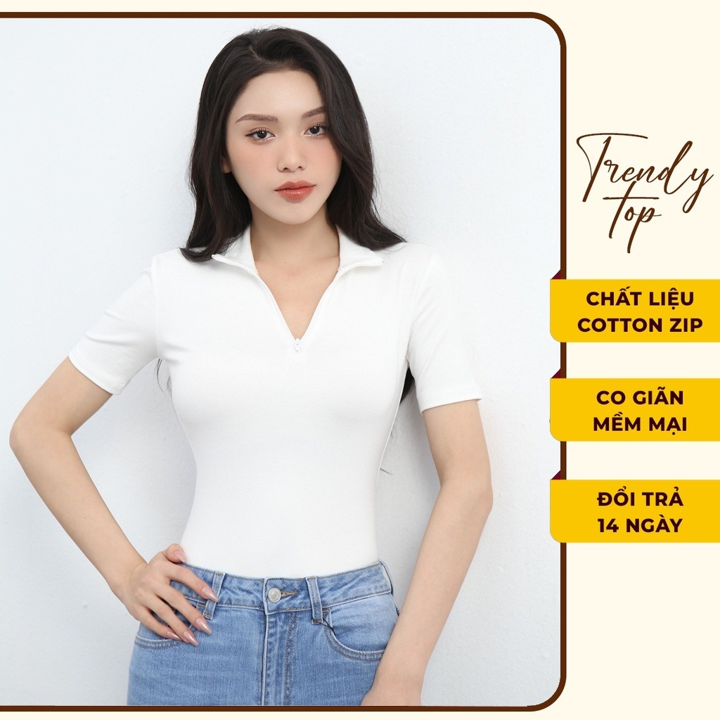 Áo thun POLO tay ngắn - Áo kiểu cổ bẻ dáng ôm basic chất cotton zip co giãn phối khóa kéo sexy, TRENDYTOP