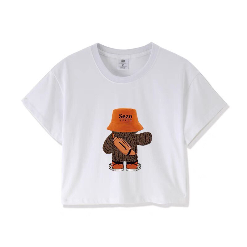 Áo kiểu thun cotton cổ tròn tay ngắn in hình chú gấu đeo nón balo