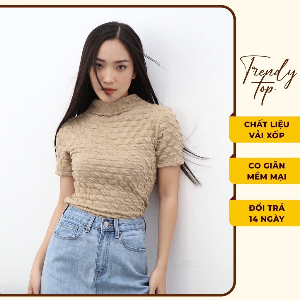 Áo len tay ngắn - Áo len kiêu cộc tay cổ cao vải xốp mềm siêu nhẹ AT23, TRENDY TOP
