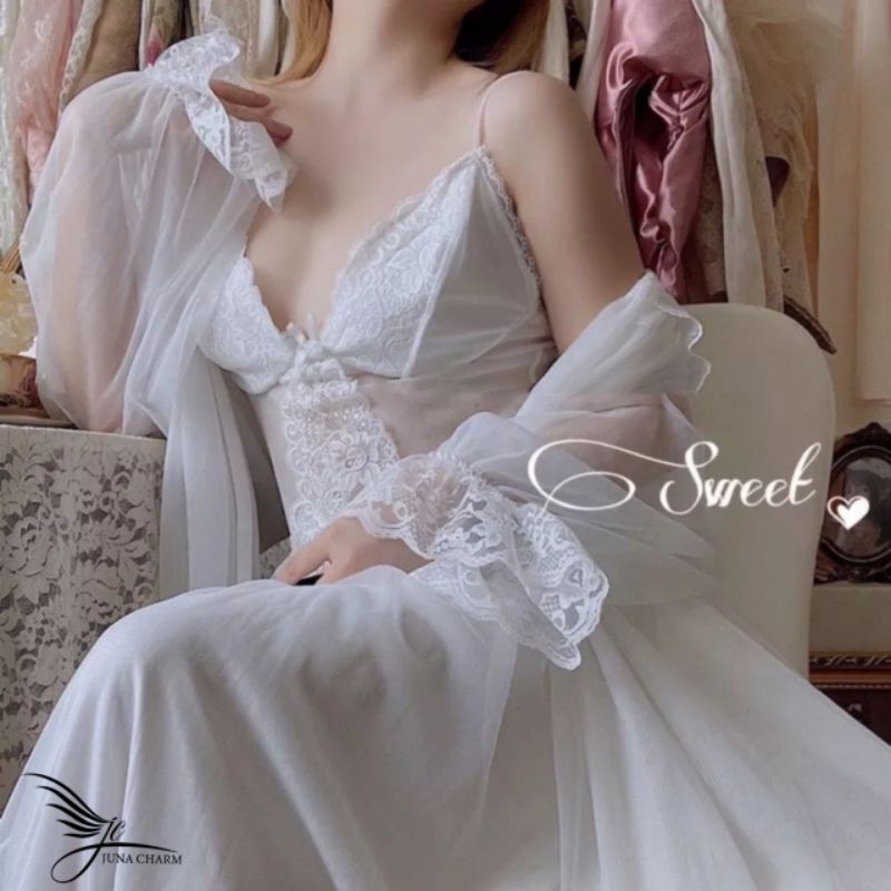 (Không kèm áo choàng) - váy ngủ nữ phong cách retro tiểu thư pháp quý phái kiêu sa. form dài sang chảnh.thướt tha đẹp nè