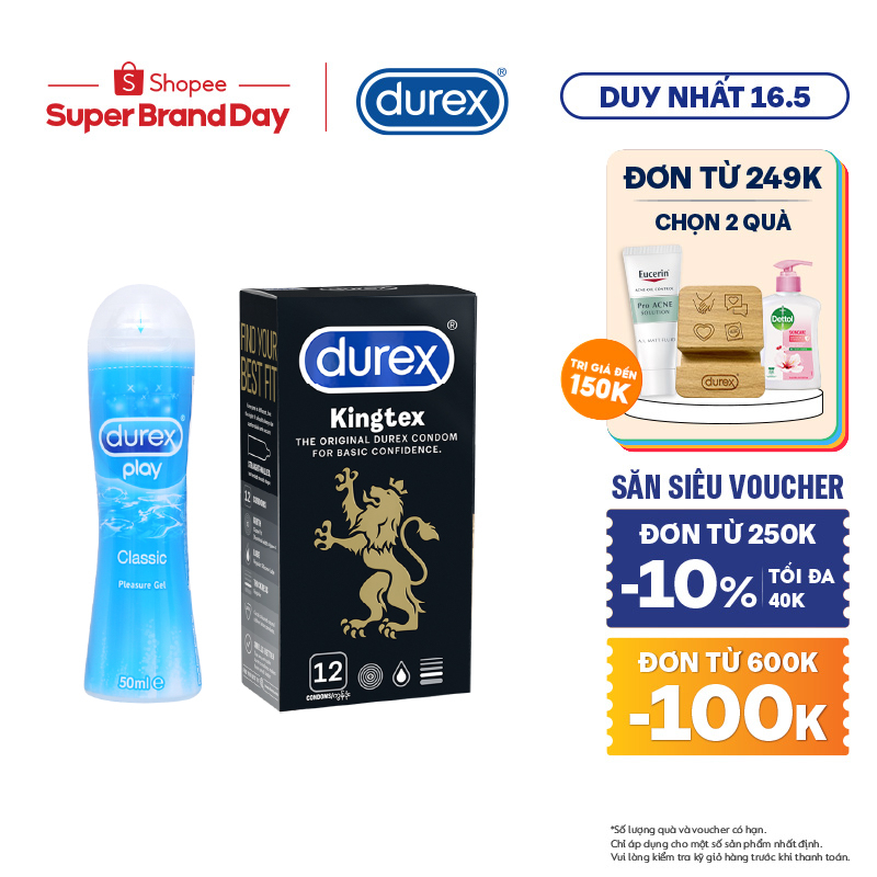 Bộ 1 hộp bao cao su Durex Kingtex ôm sát (size 49mm, 12 bao/hộp) và 1 chai Gel bôi trơn Classic gốc nước 50ml